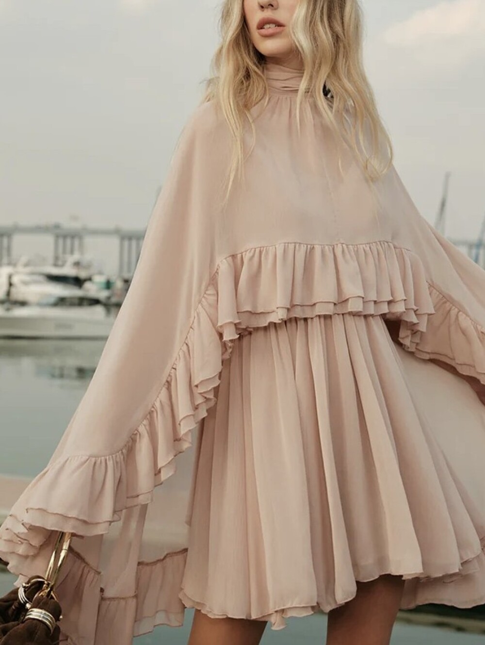 Commense Ethereal Mini Dress With Cape Overlay Semi-Sheer Chiffon Ruffle Set XL